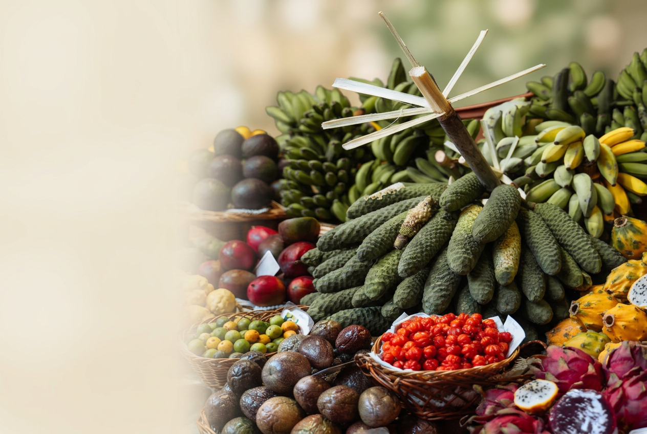 Exotic fruits — dragon fruit, pitanga, bananas and passion fruit
